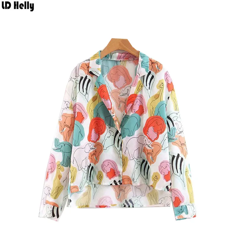 

LD Helly 2019 Women Animal Pattern Printed Shirts Notched Collar Full Sleeve Female Blouses Women's Loose Cozy Tops Blusas Mujer