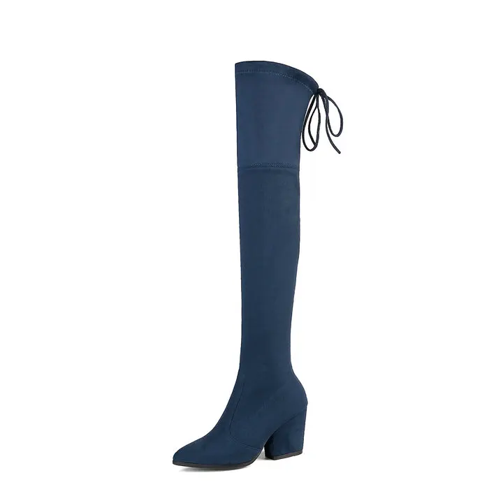 Женские ботинки; ботфорты на Высоком толстом каблуке; модные высокие сапоги с острым носком на шнуровке; сезон осень-зима - Цвет: Синий
