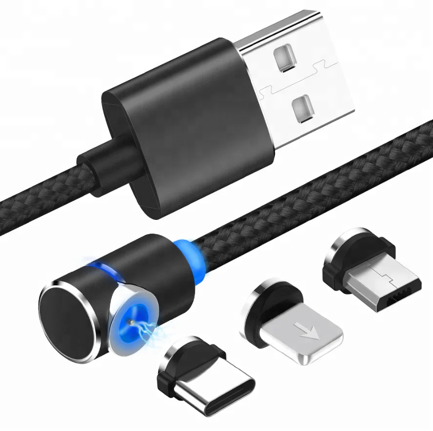 Горячая 90 градусов локоть Магнитный Кабель зарядного устройства микро-usb 3 в 1 светодиодный светильник Быстрая зарядка USB кабель