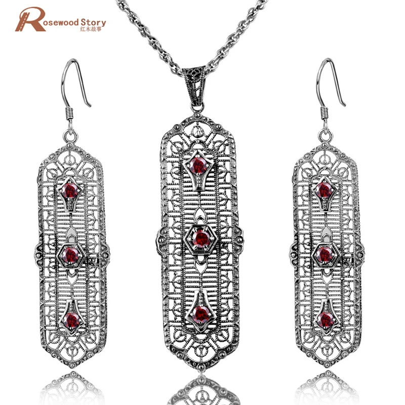 

Fashion Wedding Bridal Jewelry Sets Red Stone Crystal Jewelry Set 925 Sterling Silver Earrings Pendant Set Vintage Accessories