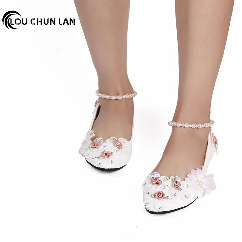 

Handmade flower wedding shoes pink white lace flower women's shoes soft outsole princess bridesmaid shoes
