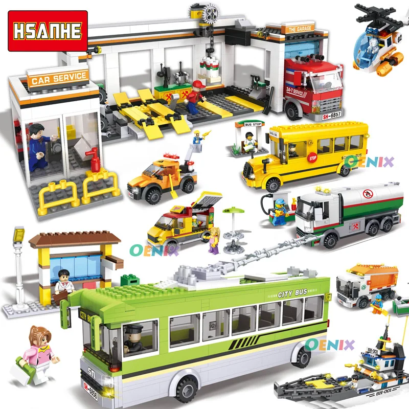 

compatible legoings city vehicle school bus station car wash oil tank truck sets model building blocks bricks kids toys