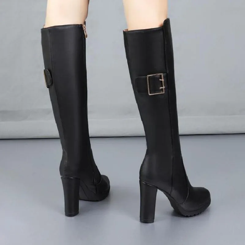 Botas Mujer Women Boots High-heeled Thick with Women Knee High Boots Waterproof Martin Shoes White Women's Shoes