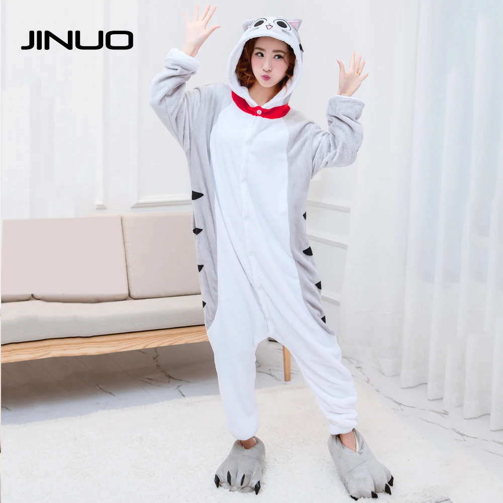 

JINUO Lover Animal Nightwear Cat Clothing Flannel Hooded Adult Pajamas Cosplay Cute Animal Onesies Sleepwear For Women