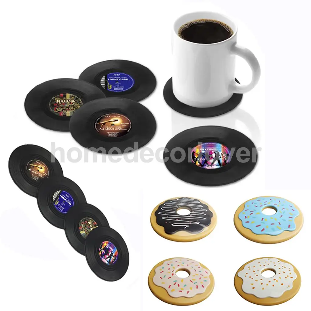 MagiDeal 4pcs Silicone Vintage CD Coasters Record Cup Mat Drink Holder Table Placemat Donut Valentine's Day Gifts Nice Valentine