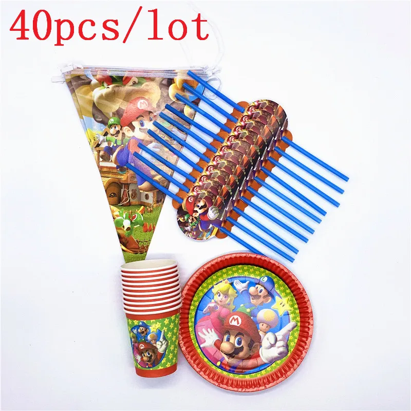 

40Pcs/lot Super Mario Cartoon Game Theme Plate Plastic Straw Flags Baby Shower Kid Birthday Party Decoration Supplies