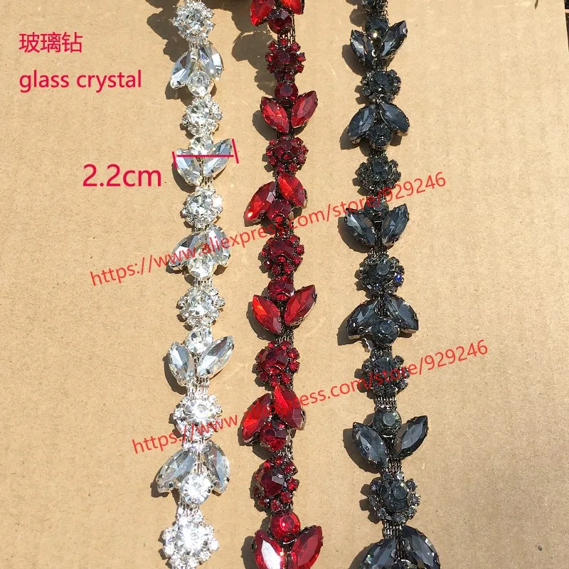 

1 yard/lot red grey white glass crystal rhinestone chain for sandals decoration flower leaf stone trims for garment and hair