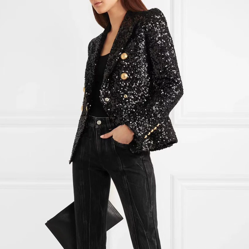 Высокое качество Новая мода 2019 дизайнерский Блейзер Куртка Для женщин Лев кнопки двубортный Shimmer блейзер с блестками