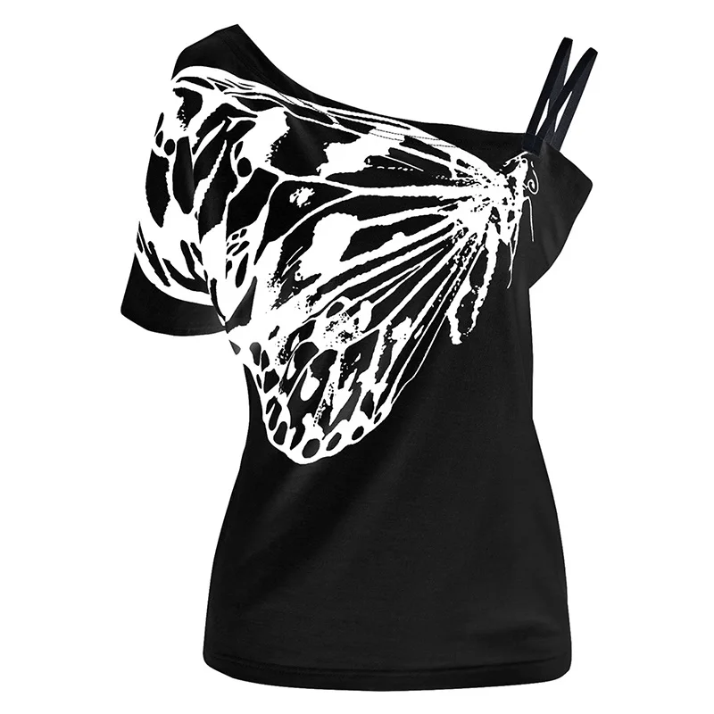 Сексуальная Женская футболка на одно плечо, с перекосом на шее, с принтом бабочки, с коротким рукавом, летняя повседневная Уличная одежда, женские топы, футболки, 3XL