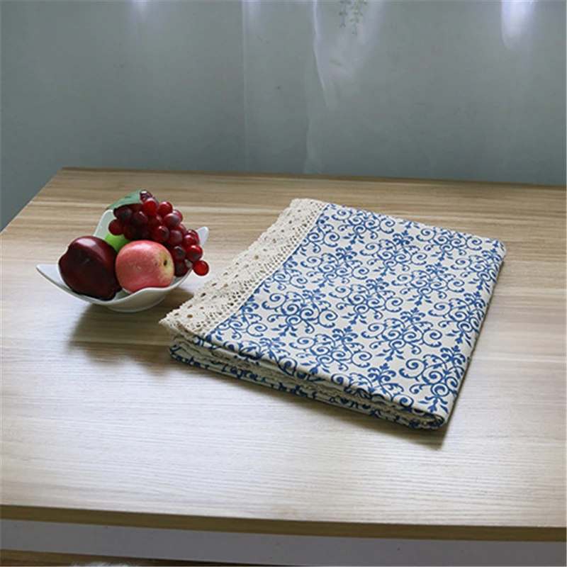 Retro Classic Lace Printed Table Cloth Cotton Linen Blue Floral Rectangle Dining Table Cloth For Home Picnic Kitchen Table Cover
