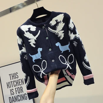 

New Spring Autumn Fashion Color Block Printing Single Breasted Women Cardigans Sweaters O Neck Long Sleeve Knitted Top
