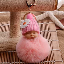 DROPSHIPPING Sleeping Baby Doll Keychain Pompom Faux Rabbit Fur Ball Baby Toy Women Trinket Bag Charms