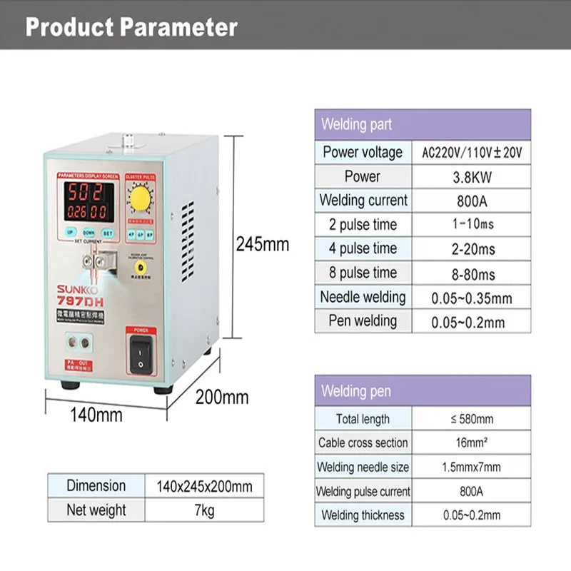SUNKKO 797DH 18650 battery spot welding machine 3.8KW High Power spot welder thickness up to 0.35mm precision Pulse spot welder