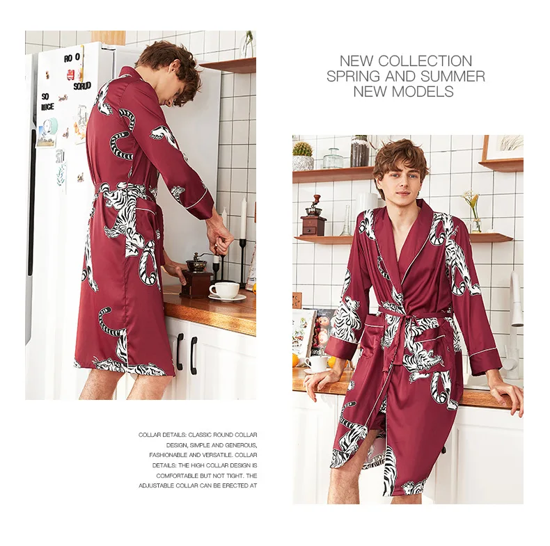Атласное кимоно, шелковое ночное белье, цветочный принт, халат, мужской халат, банный халат, длинный халат, пижама с длинным рукавом, ночное белье