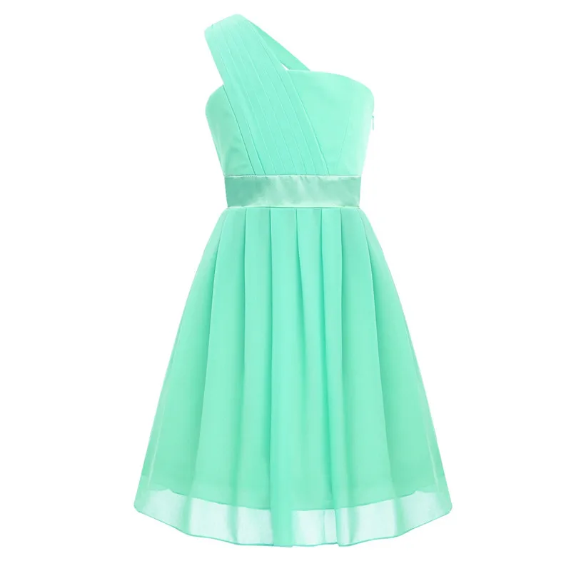 Плиссированное шифоновое платье с цветочным узором на одно плечо для девочек; платье принцессы с высокой талией; праздничное платье с вырезом на спине; платье принцессы для свадебной вечеринки - Цвет: Mint Green