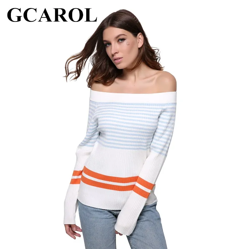GCAROL Euro Style Stripe Women Sweater Slash Neck Sexy Autumn Winter Knitting Tops Stretch Warm Knitted Tops For Ladies GCAROL Euro Style Stripe Women Sweater Slash Neck Sexy Autumn Winter Knitting Tops Stretch Warm Knitted Tops For Ladies