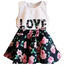 New Baby 2Pcs Love Print Outfit Set Kid Girls Sleeveless Vest Tops +Floral Skirt Summer Clothes Suit 2-6Y
