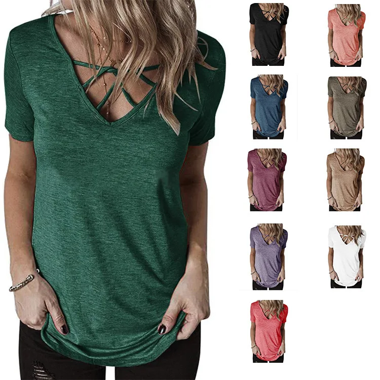 

2019 Solid Color Motion Leisure V Lead Crossing Women's Short Sleeve Tshirt Female Fashion Plus Size T Shirt Summer Loose Tops