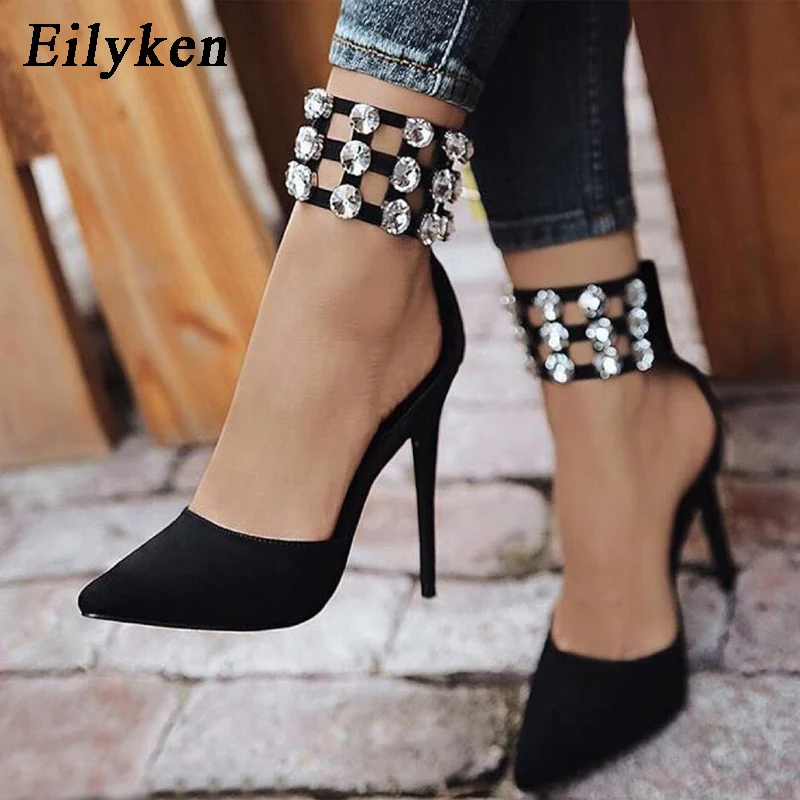 Eilyken Flock Crystal Gladiator Women Pumps Fashion Zipper Pointed Toe High Heels Lady Shoes Thin Heels Chaussure Femme Black