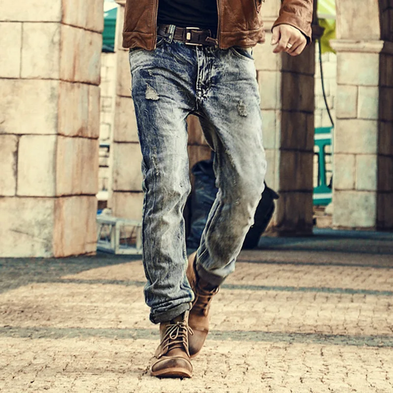 Мужские Ретро рваные джинсы Мужские Твердые Стиральная джинсы новый корейский стиль повседневные штаны стрейч человек джинсы 100% хлопок K526