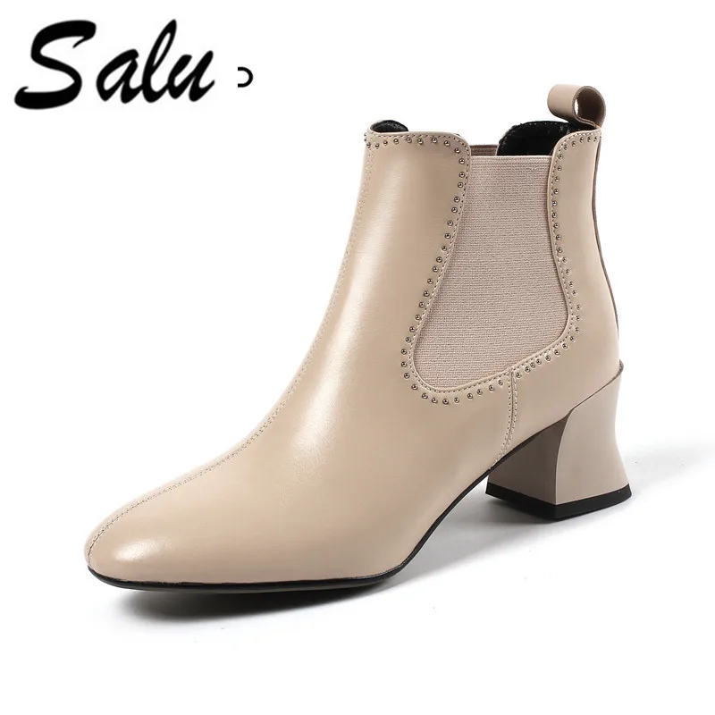

Salu Genuine Leather Boots Square Heel square Toe Shoes Women Black Cow Leather Quality Ankle Boots