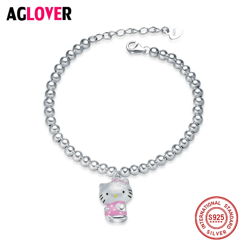 

925 Sterling Silver Beads Adjustable Chain Bracelet Woman Fashion Charm Cat Pendant Bracelet Jewelry