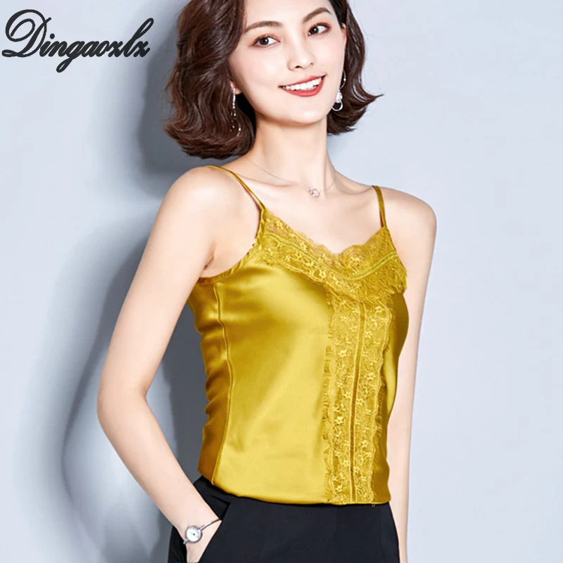 

Dingaozlz Sexy White Satin Camis Summer Lace camisole Spaghetti strap Tank tops Women Elegant streetwear ladies shirt 2019