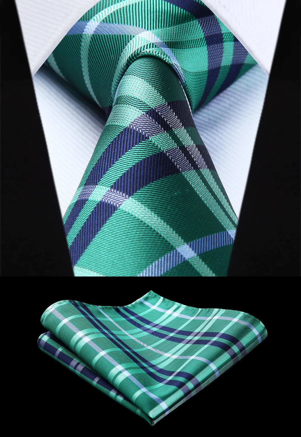 

Party Wedding Classic Pocket Square Tie Woven Men Tie Green Black White Plaid Check Necktie Handkerchief Set# TC820G8S