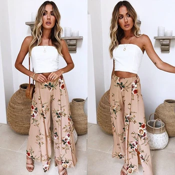 

Women Casual BeachPrinted Flower Wide Leg Pants Loose Straight Long Trousers