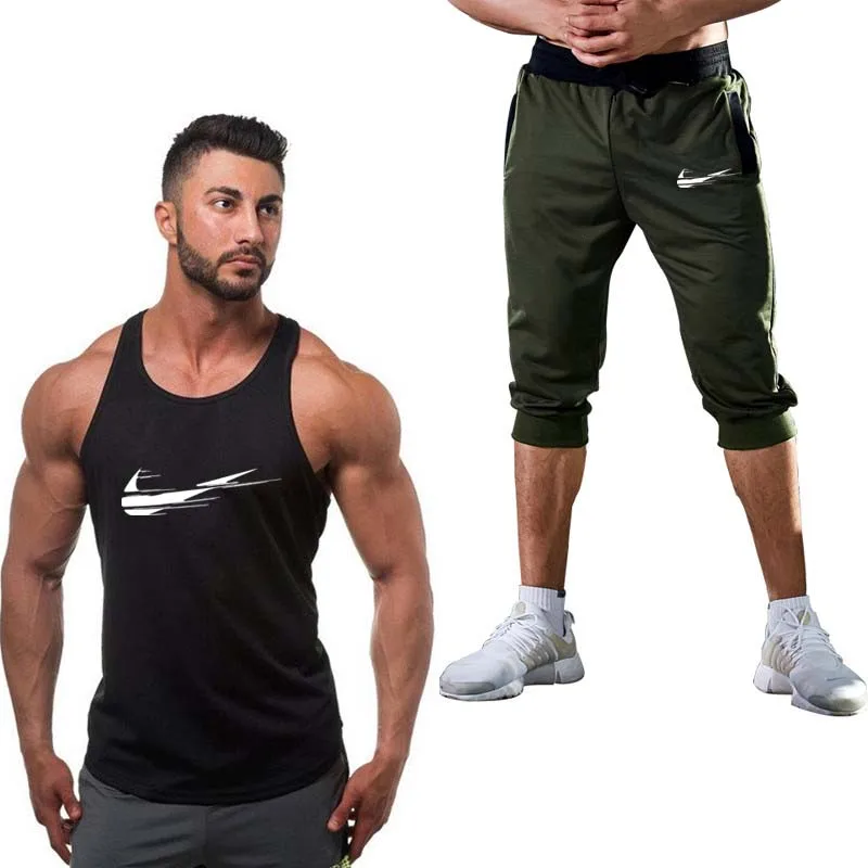 

2019 New Summer Men Set 2PC Sporting Suit Short Sleeve Tank top+Shorts Two Piece Set high quality Gym sportwear Tracksuit Men