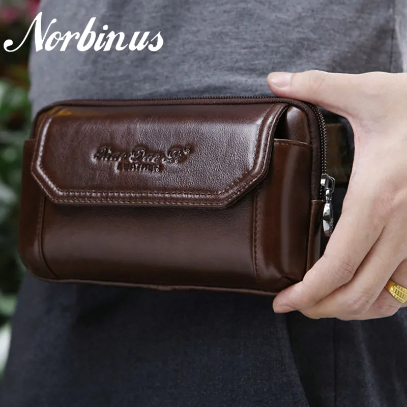 

Norbinus Men Genuine Leather Waist Bag Real Cowhide Fanny Packs Cell Mobile Phone Case Cover Hip Belt Money Purse Cigarette Bag