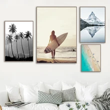 Ocean Beach Woman Surfboard Aerial View Wall Art Canvas Painting Nordic Posters And Prints Wall Pictures For Living Room Decor