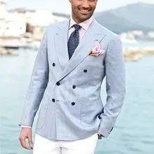 Светло-голубой двубортный Блейзер белые брюки смокинги жениха для пляжа свадебный льняной мужской Выпускной костюмы для званого обеда индивидуальный заказ