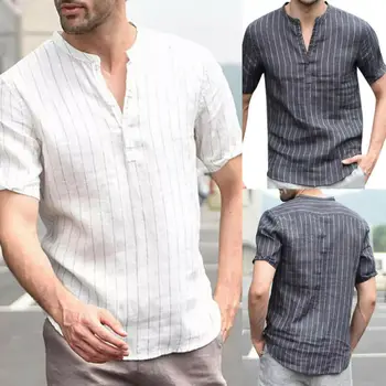 

2019 Summer Brand Men's Linen shirt Casual Blouse Cotton Loose Tops Short Sleeve Tee Shirt