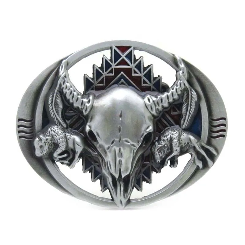 

Cut Out The Cow Skull And Feather Primitive Tribal Style Belt Buckle