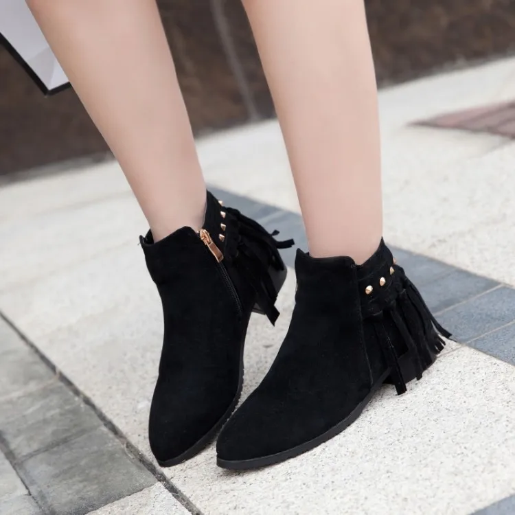 

Big Size 11 12 13 14 Simple Martin boots with middle heel and retro side zipper, willow nail and fringed boots