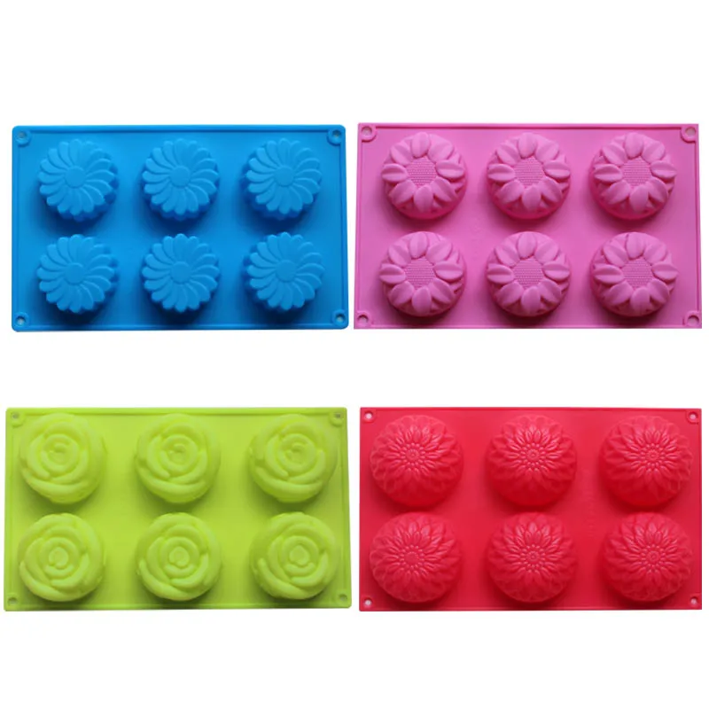 Silicone Handmade Soap Mold With 6 holds Silicone Cake Baking Mold Decorating Tools Sunflower Rose Flower