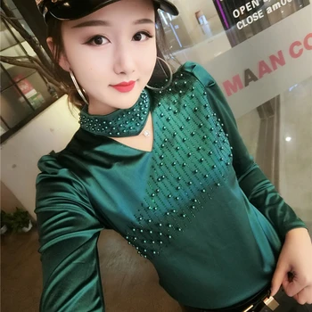 

2019 spring autumn long-sleeved women blouse beaded hollow stand collar shirt tops plus size 3XL
