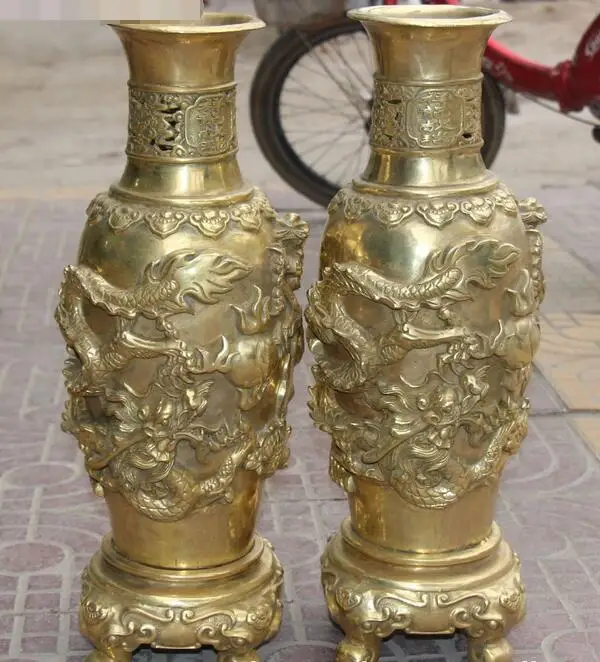 

22" Huge Chinese Bronze Carving Auspicious Dragon Flower Vase Bottle Pair Statue