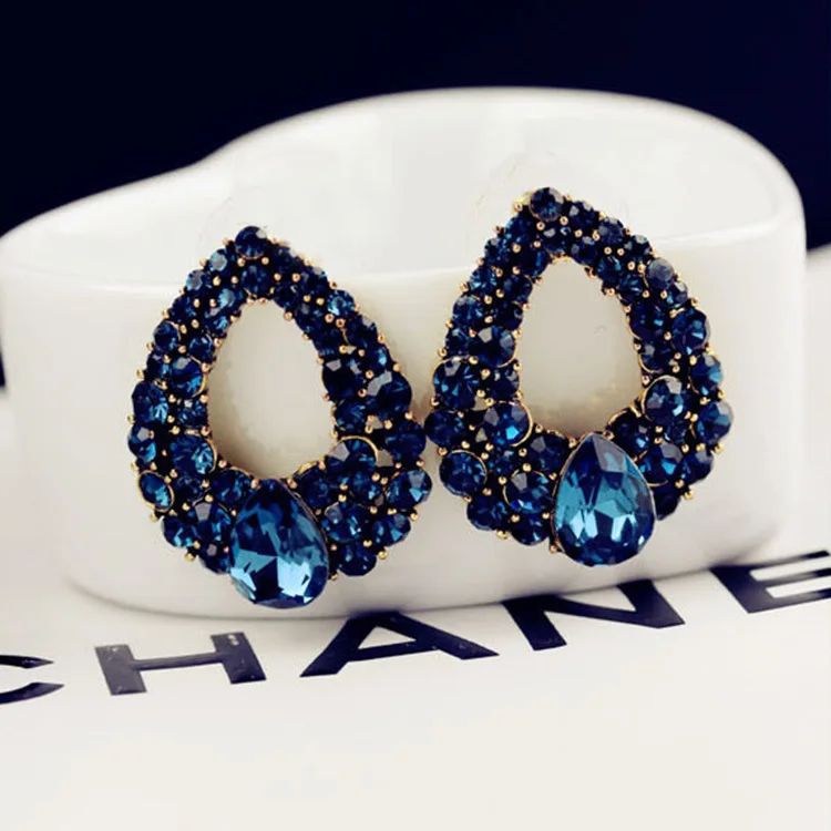 2015 New arrival Celebrity wind drops Sapphire blue rhinestone  fashion boutique crystal stud earrings for woman
