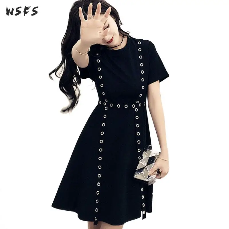 

Summer Black Dresses Oneck Short Sleeve Womens Dress 2019 Office Ladies Sexy Party Vintage Casual Slim Rivet Mini Aline Sundress