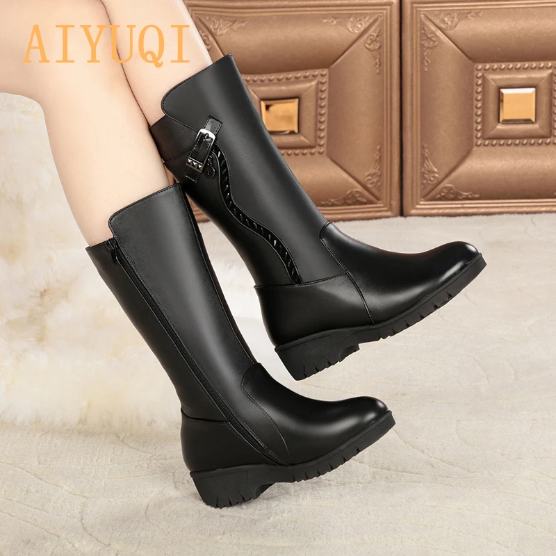Nuevos Gruesa Wool 41 brown Caliente black Tamaño Planos Mujer Nieve Gran brown Cuero Fluff Para 42 43 Genuino La Wool Aiyuqi Botas 2019 Black Las Fluff De Invierno Mujeres Lana 5qgP5aTw