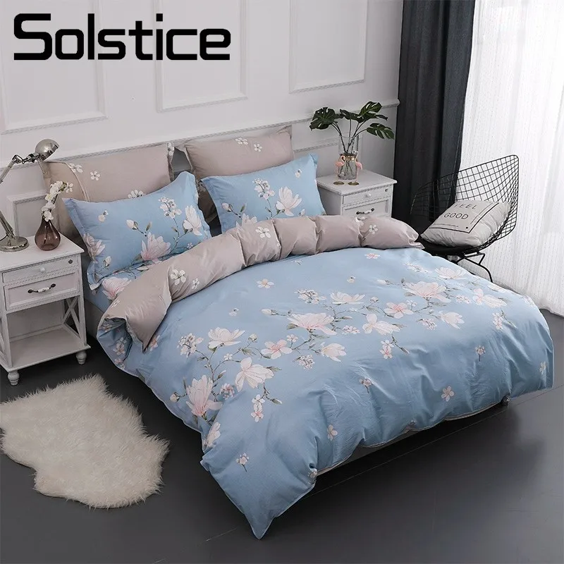 

Solstice Home Textile Girls Bedding Set 100% Cotton Light Blue Flower Kid Teen Duvet Cover Pillowcase Bed Sheet Queen Full Linen