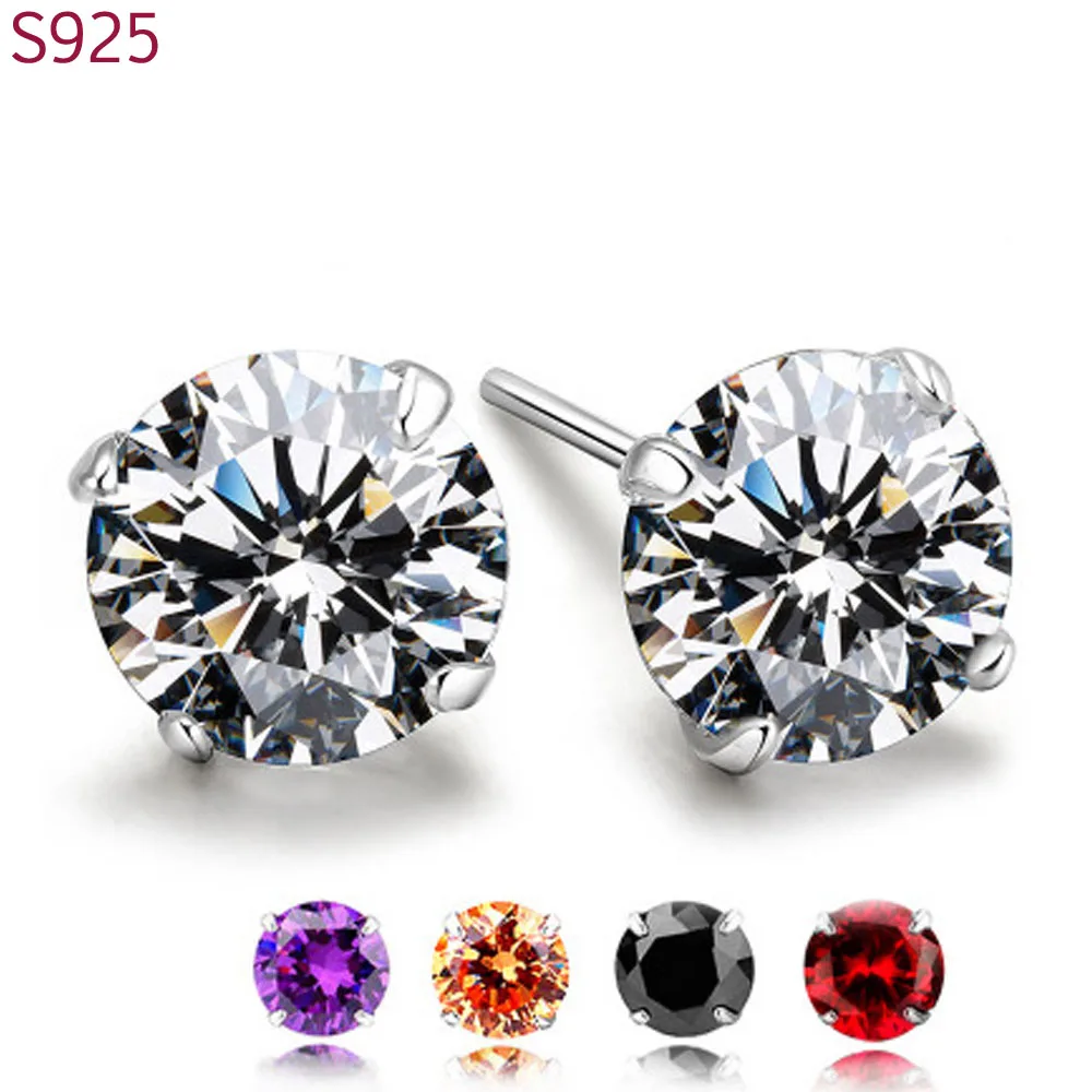 

Genuine Real Pure Solid 925 Sterling Silver Stud Earrings Jewelry Black Clear Purple Cubic Zircon Female Earrings Bijoux Gift