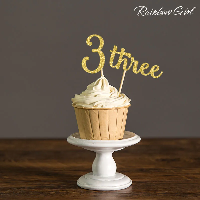 

Number three Gold/Silver Glitter Cupcake Toppers - Kids Third Birthday Party Decorations Supplies 10PCS Cake Food Picks