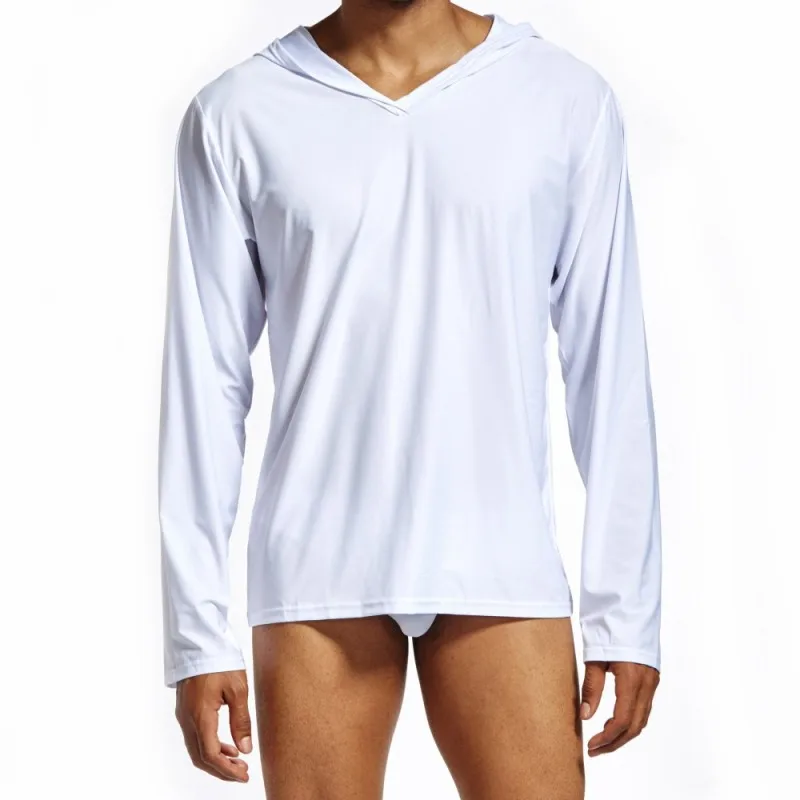 KWAN. Z Мужской Топ для сна из нейлона и шелка, Мужская шелковистая рубашка для сна, camison hombre, домашняя одежда для мужчин, Мужская Ночная рубашка с капюшоном - Цвет: Белый