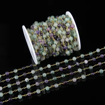 

6mm Size,Wholesale Fluorite Round beads Rosary Chain,Natural Rainbow Stone plated Bronze Gold Wire Wrapped Chain DIY Necklace