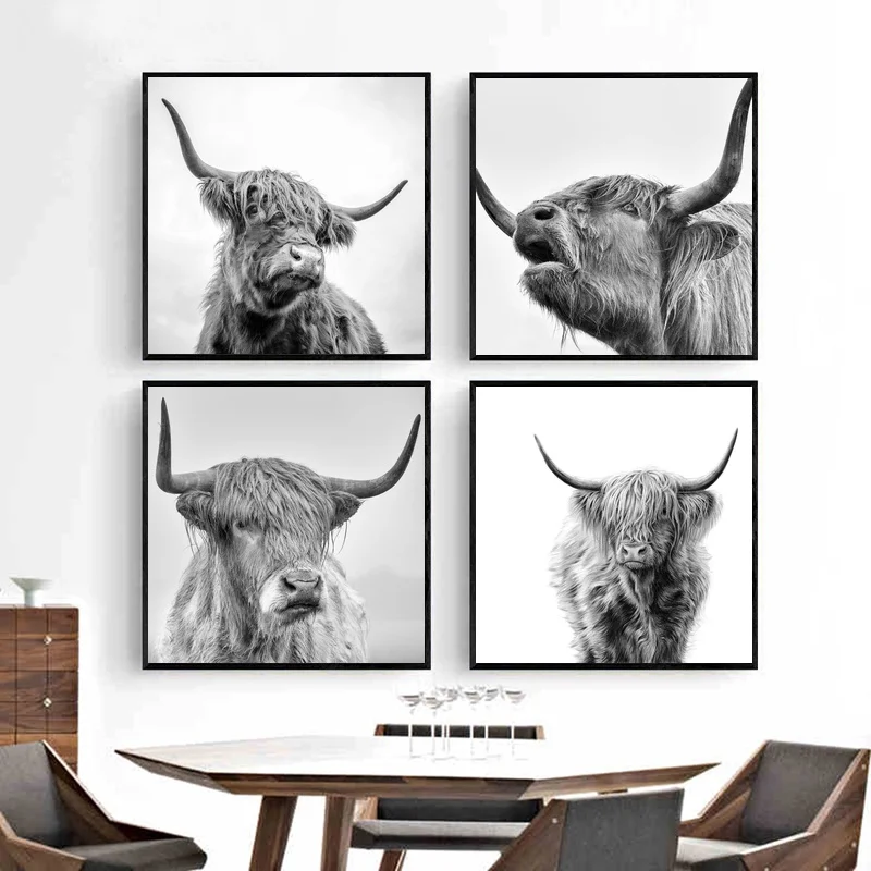 

Highland Cattle Canvas Posters Prints Black White Cow Pictures Wall Art No Frame