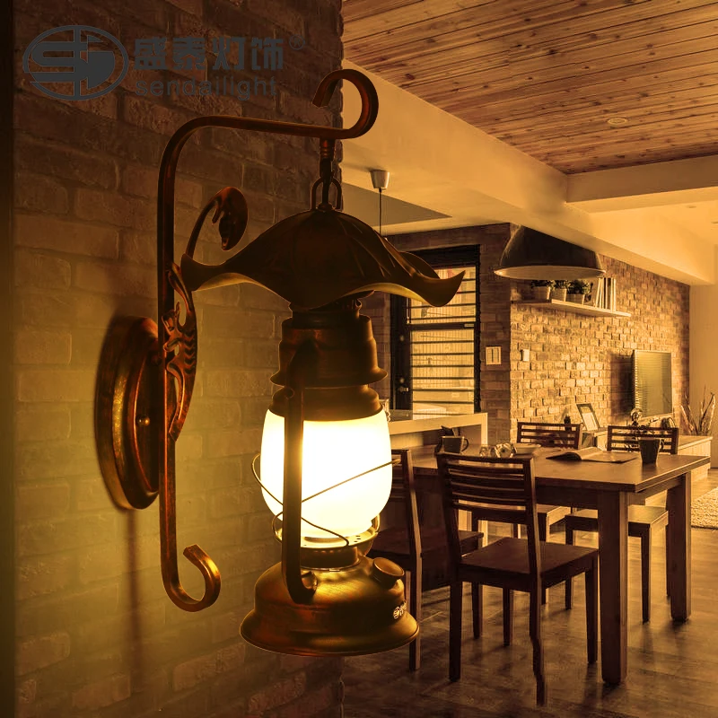 

American country living room bamboo wall lights antique vintage kerosene lantern wall lamps personality bedroom bedside lamp