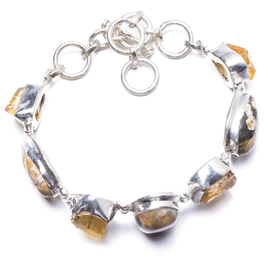 

Natural Ocean Jasper and Citrine Handmade Unique 925 Sterling Silver Bracelet 5 3/4-7" Y1993